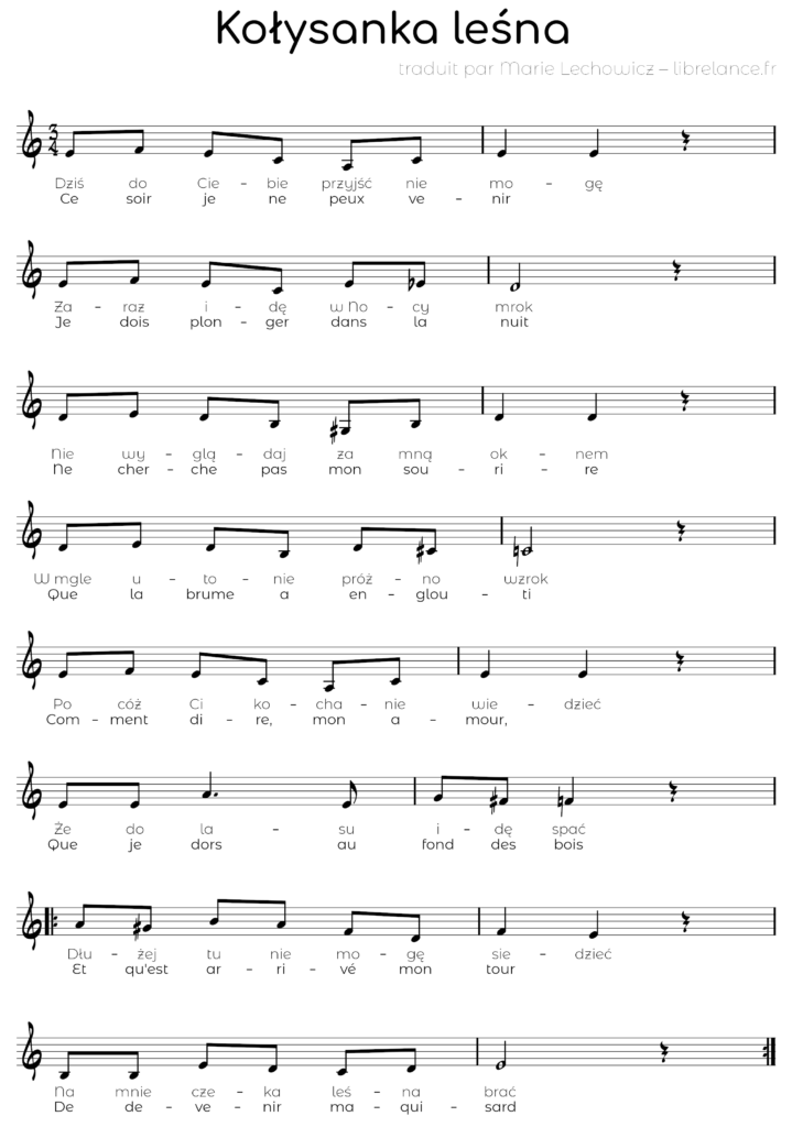 Kołysanka Leśna music score with Polish and French lyrics, translation by Marie L, librelance