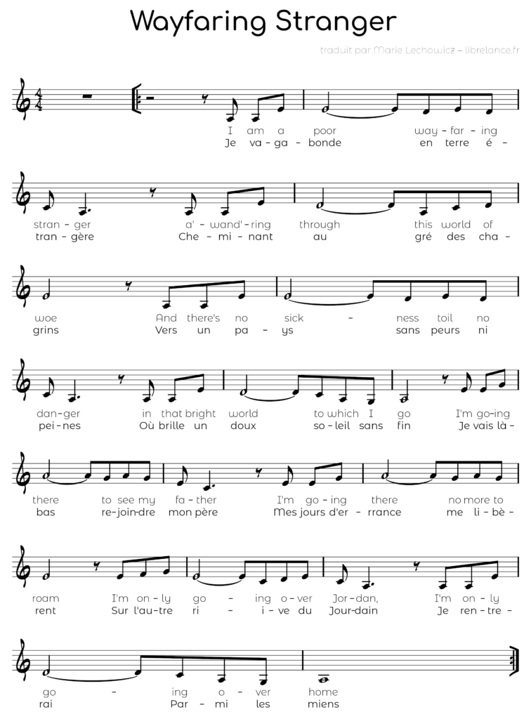 Wayfaring Stranger music score with English and French lyrics, translation by Marie L, librelance